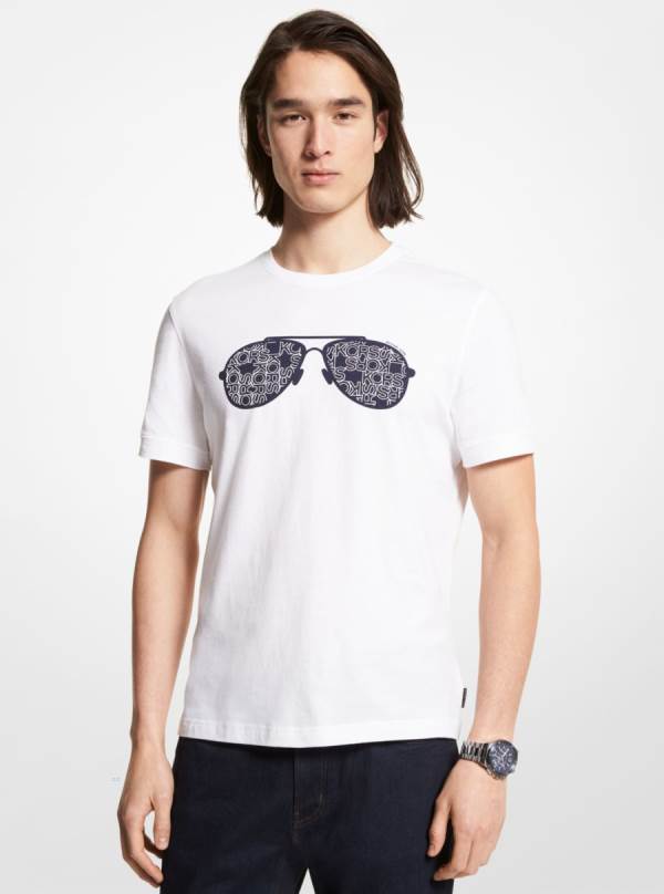 Panske Tricko Michael Kors Newsprint Logo Aviator Cotton Biele - Oblecenie Michael Kors Outlet | PXJGS-1743
